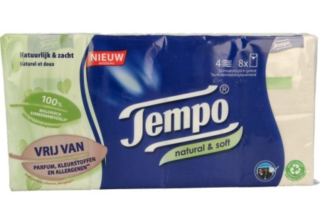 Tempo Natural & soft zakdoekjes 8 x 9 stuks (8 Stuks)